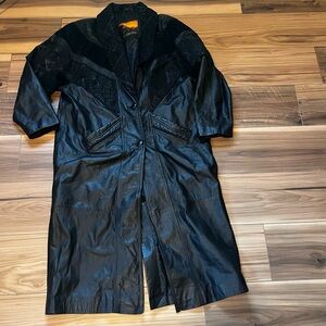 Vintage Outbrook Black Leather Women’s Long Leather Duster Jacket Size Large